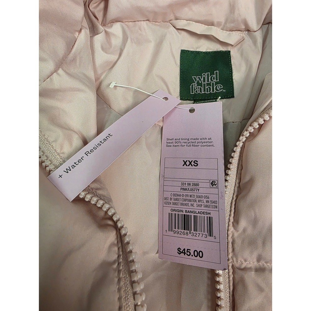 Wild Fable‎ Pink Puffer Jacket Water Resistant Cropped Bow Cuff XXS - Picture 3 of 6